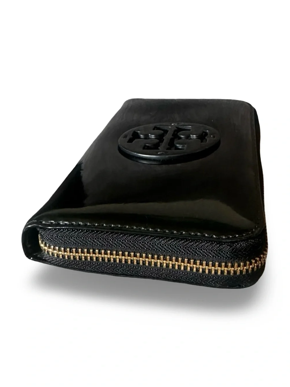 Tory Burch With Paper Work Black Patent Leather Zip Wallet